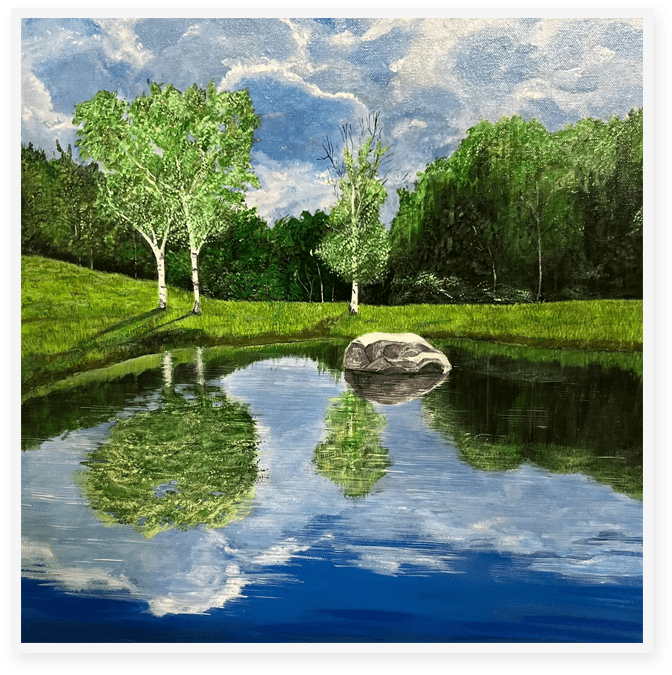 A painting of trees and water in the background.