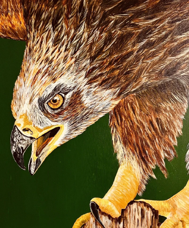 A painting of an eagle with its beak open.