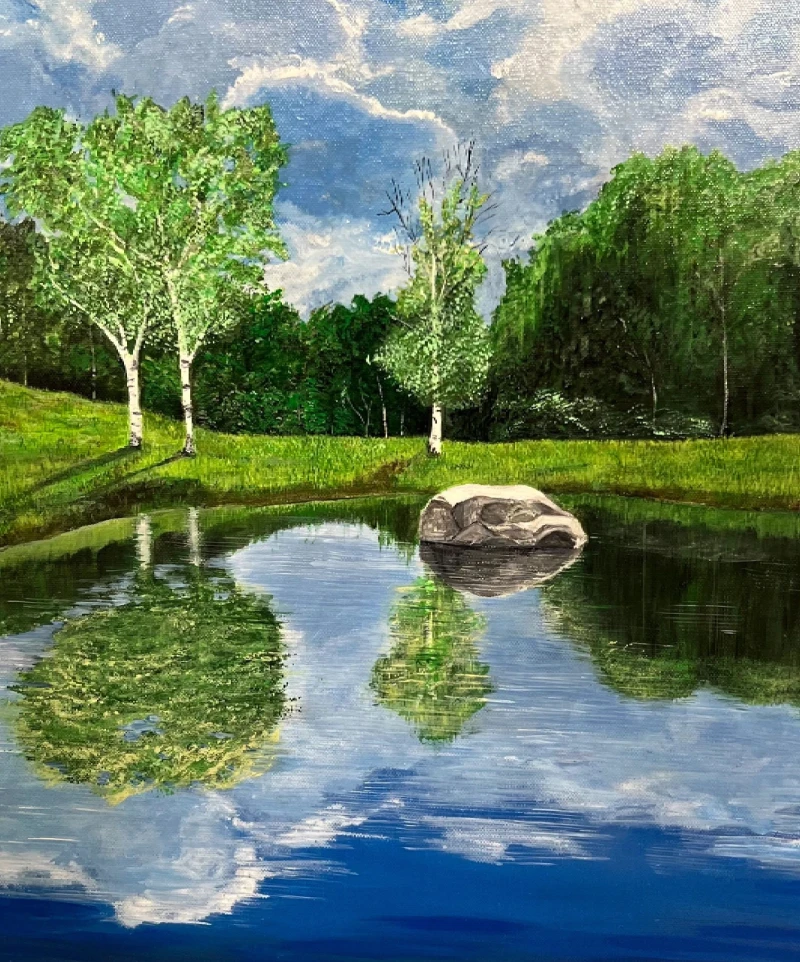 A painting of trees and water in the background.