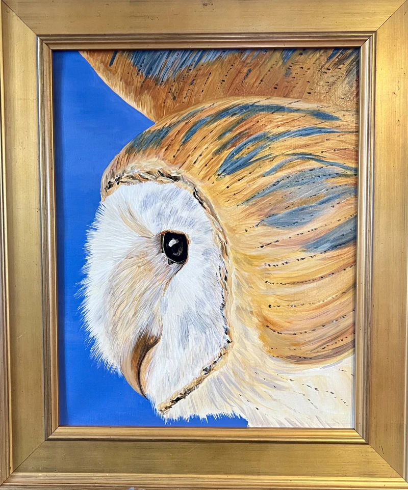 A painting of an owl with blue sky in the background.